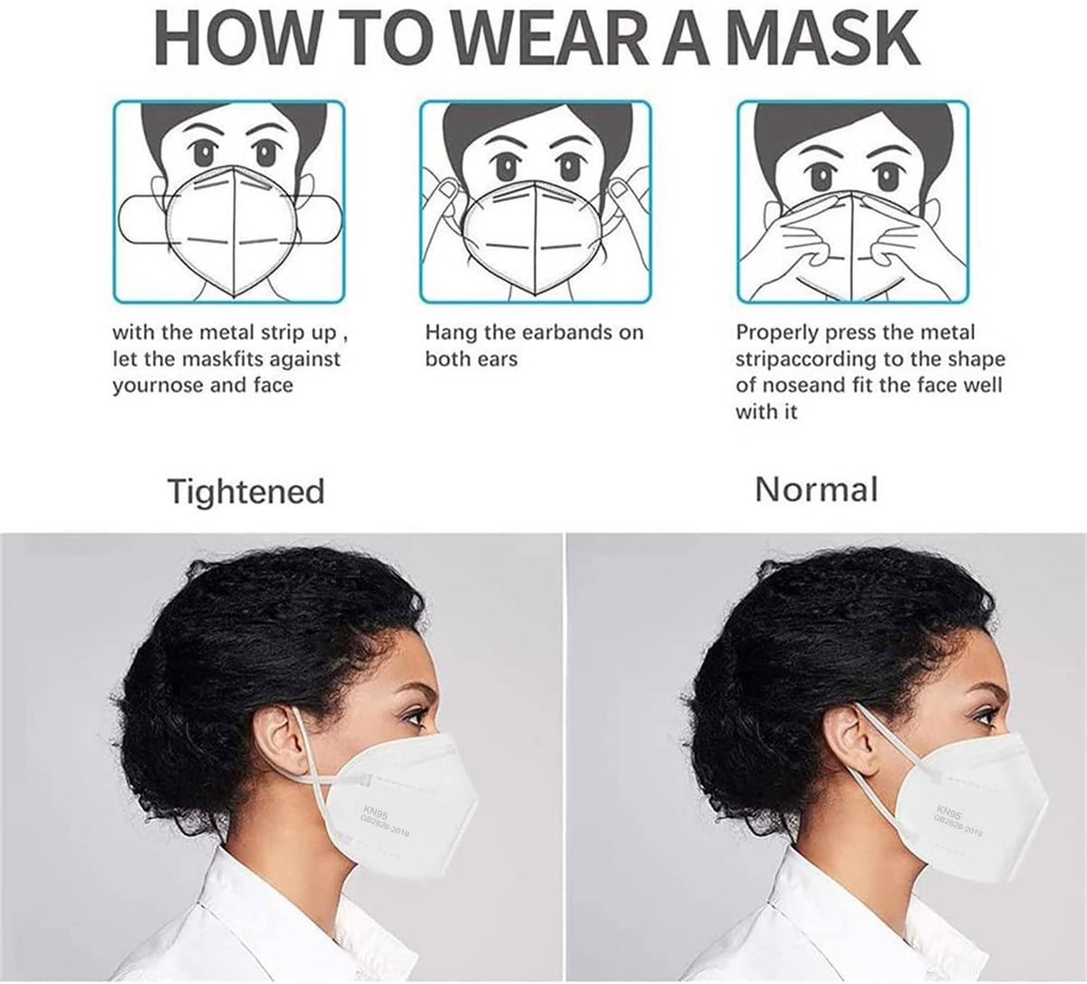 Two views of a person wearing a white KN95 face mask with ear loops, different fit.