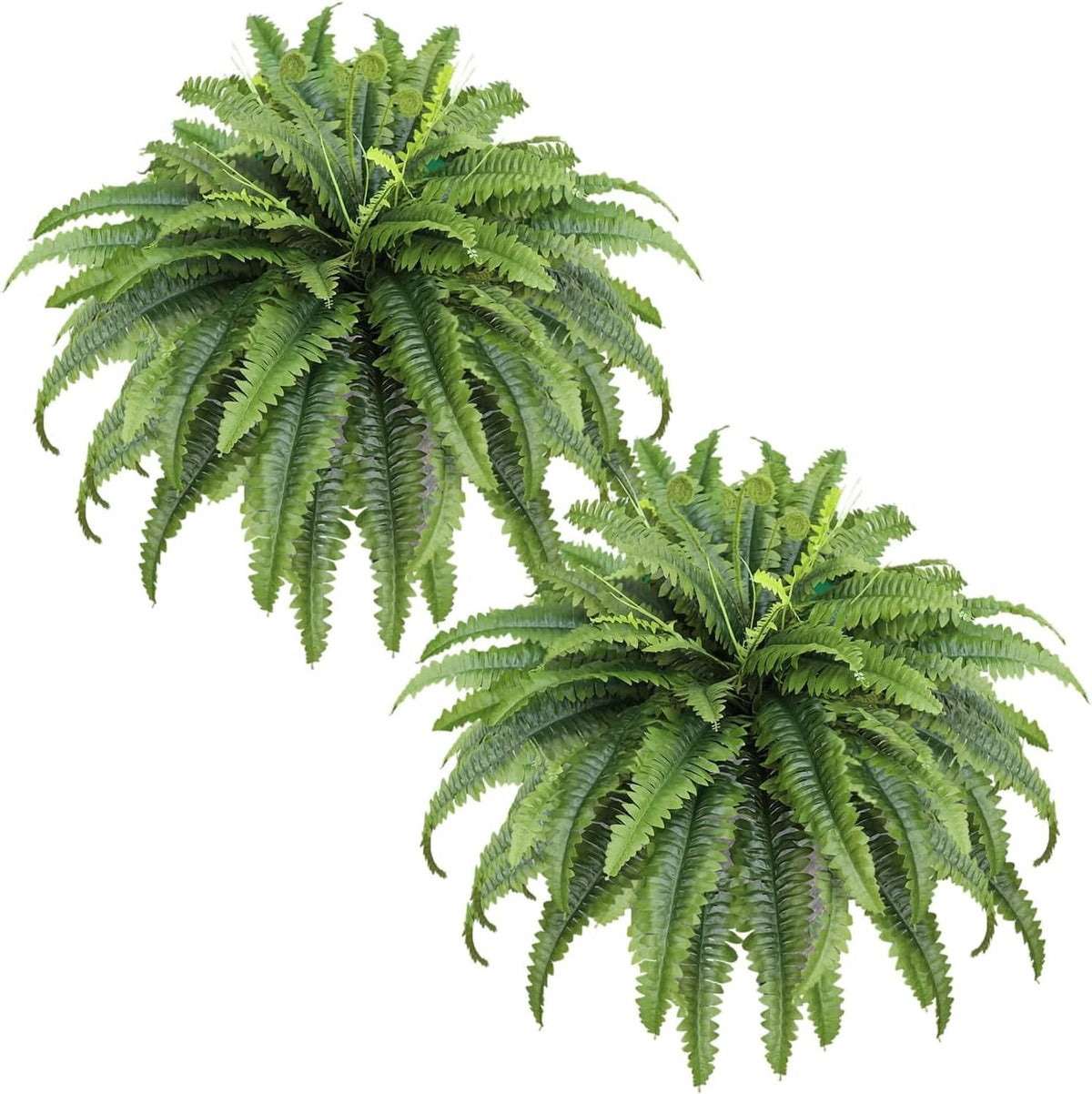 Set of 2 large artificial green ferns with layered, realistic-looking fronds.