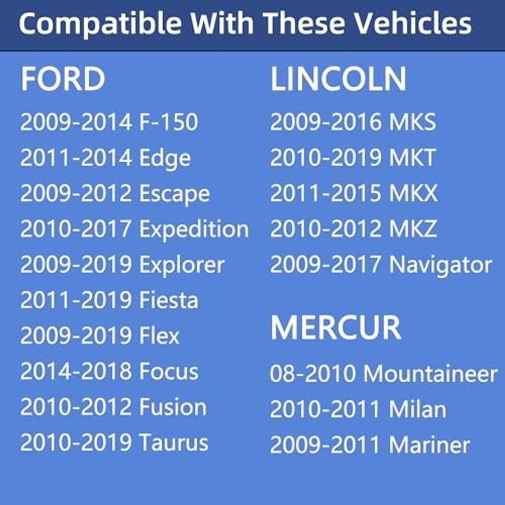 Vehicle compatibility card listing Ford, Lincoln, Mercury models and years