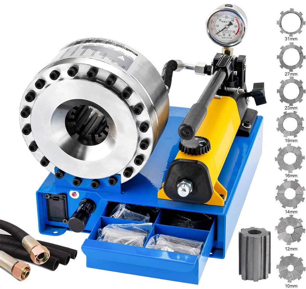 Hydraulic hose crimper pipe clamping machine with dies and pressure gauge, blue and yellow