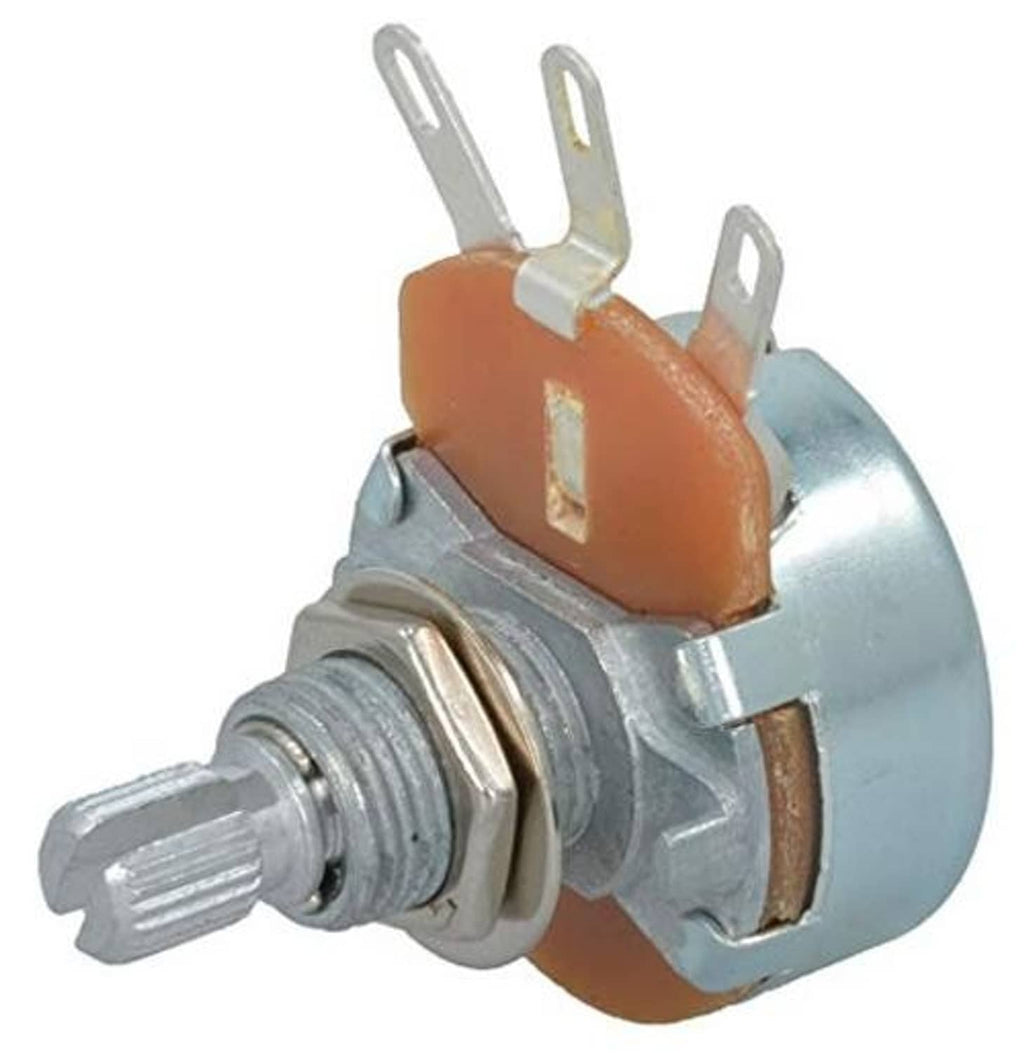 Wire-wound potentiometer with orange resistor block, metal terminals, and silver front shaft
