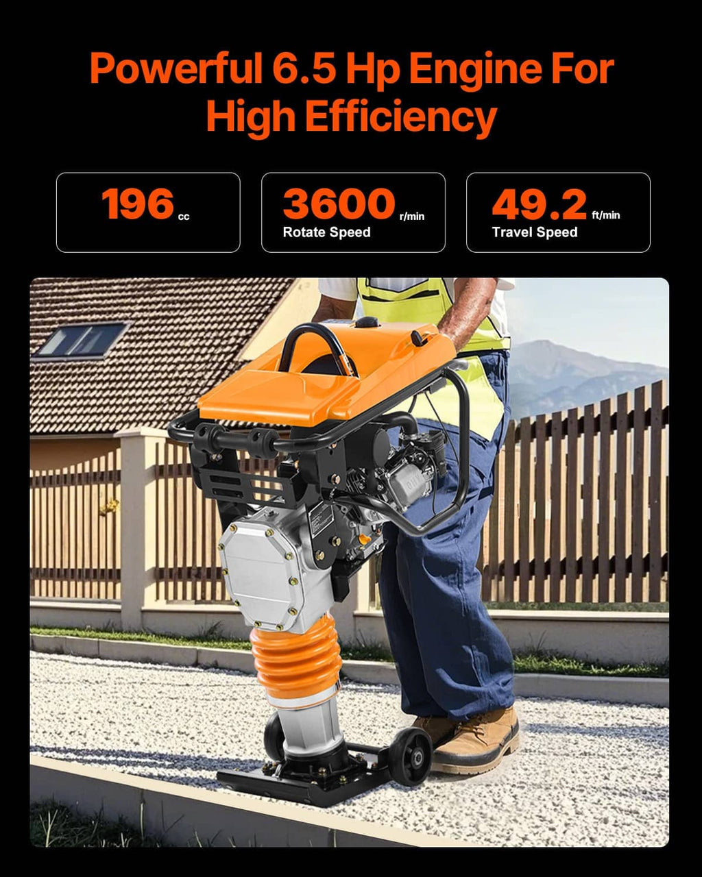 Gas powered jumping jack tamper compactor on wheels with orange top cover and gray engine