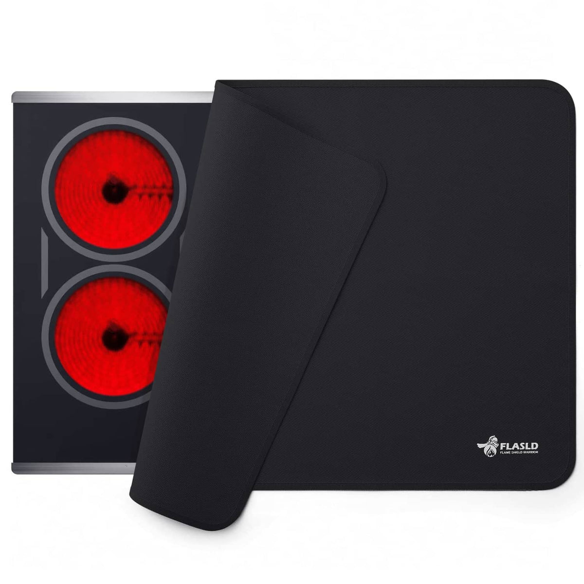 Black stove top cover with rounded corners, FLASLD logo on front