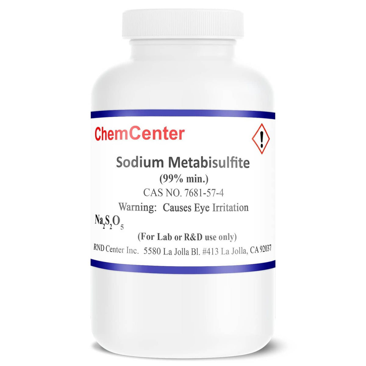 Sodium metabisulfite granular powder bottle, white plastic container with ChemCenter label.