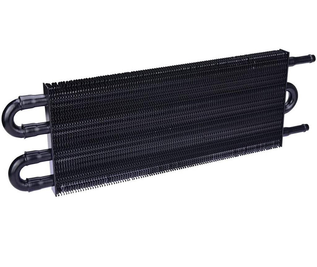 Oil cooler radiator with black fin core and end hose fittings