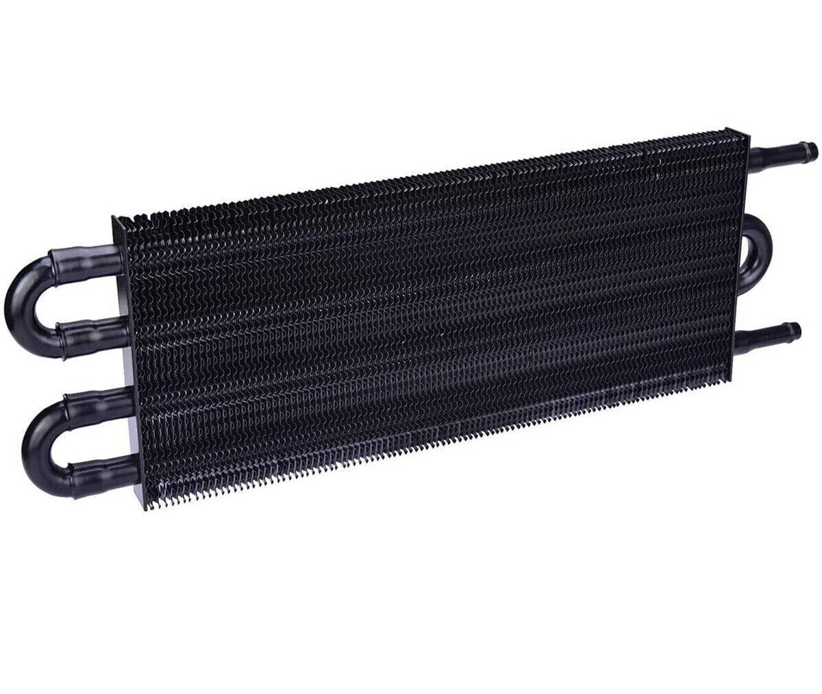 Oil cooler radiator with black fin core and end hose fittings