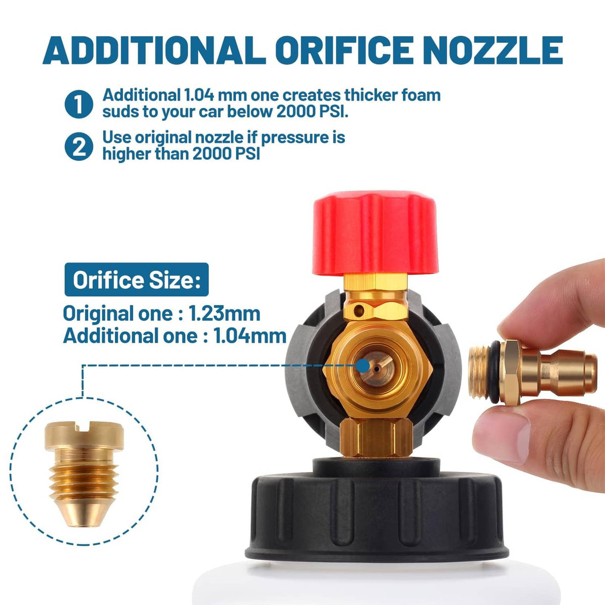 Foam cannon nozzle tip assembly with red cap, brass orifice valve, and hand grip