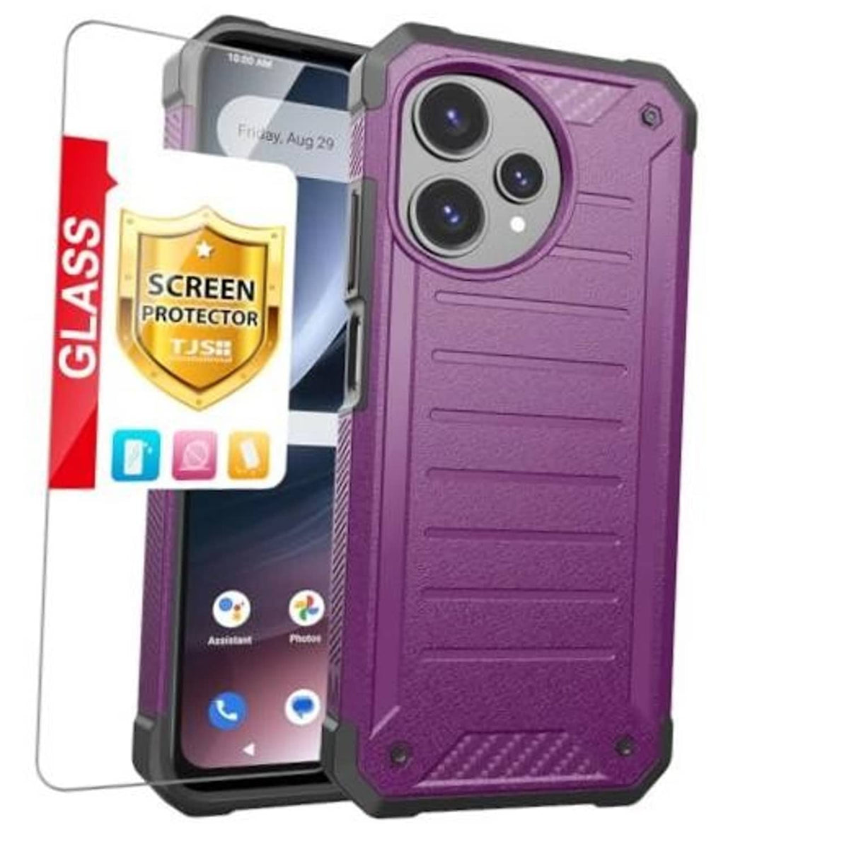 Purple rugged phone case with included screen protector, camera cutouts shown