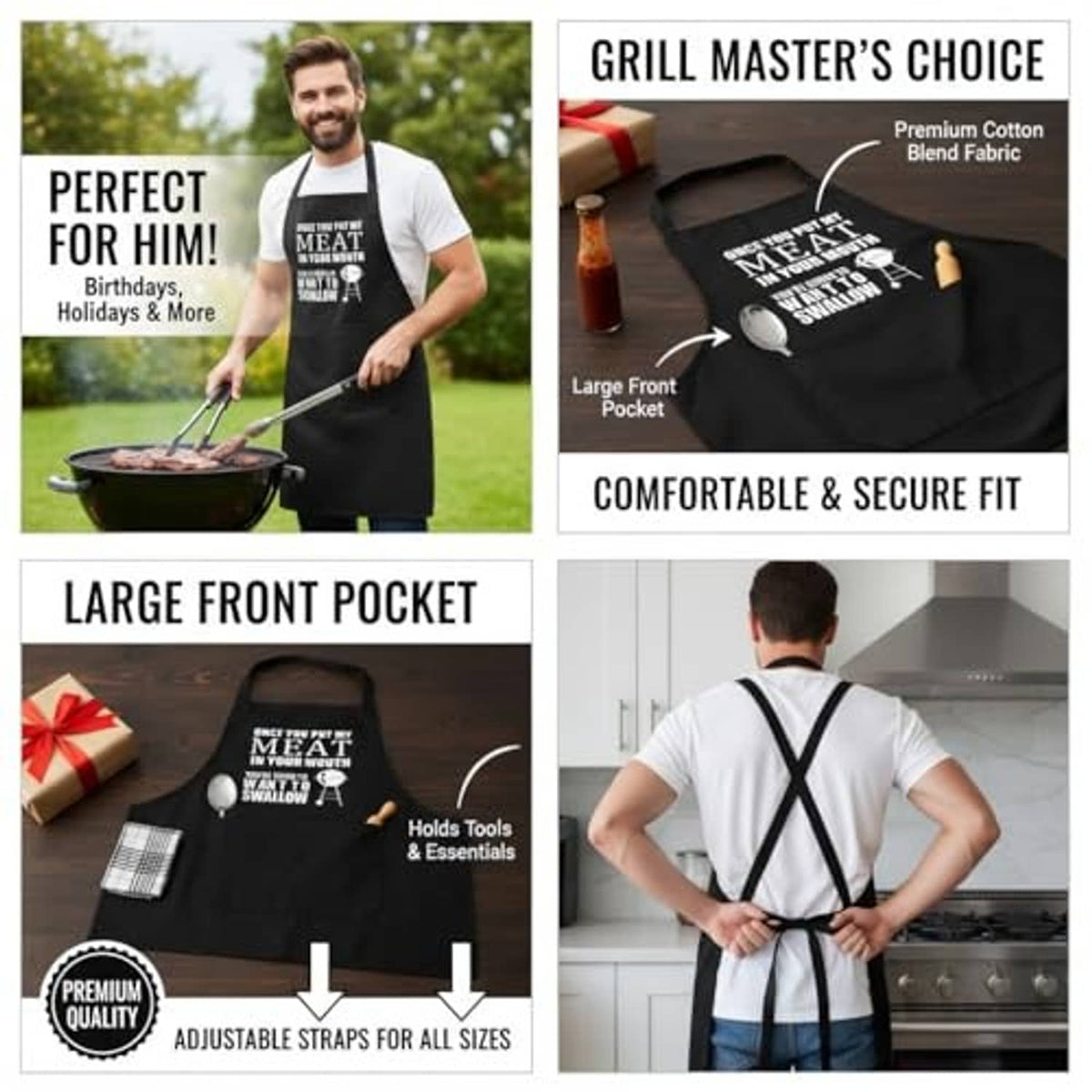 Black apron with large front pocket, adjustable straps, printed meat quote