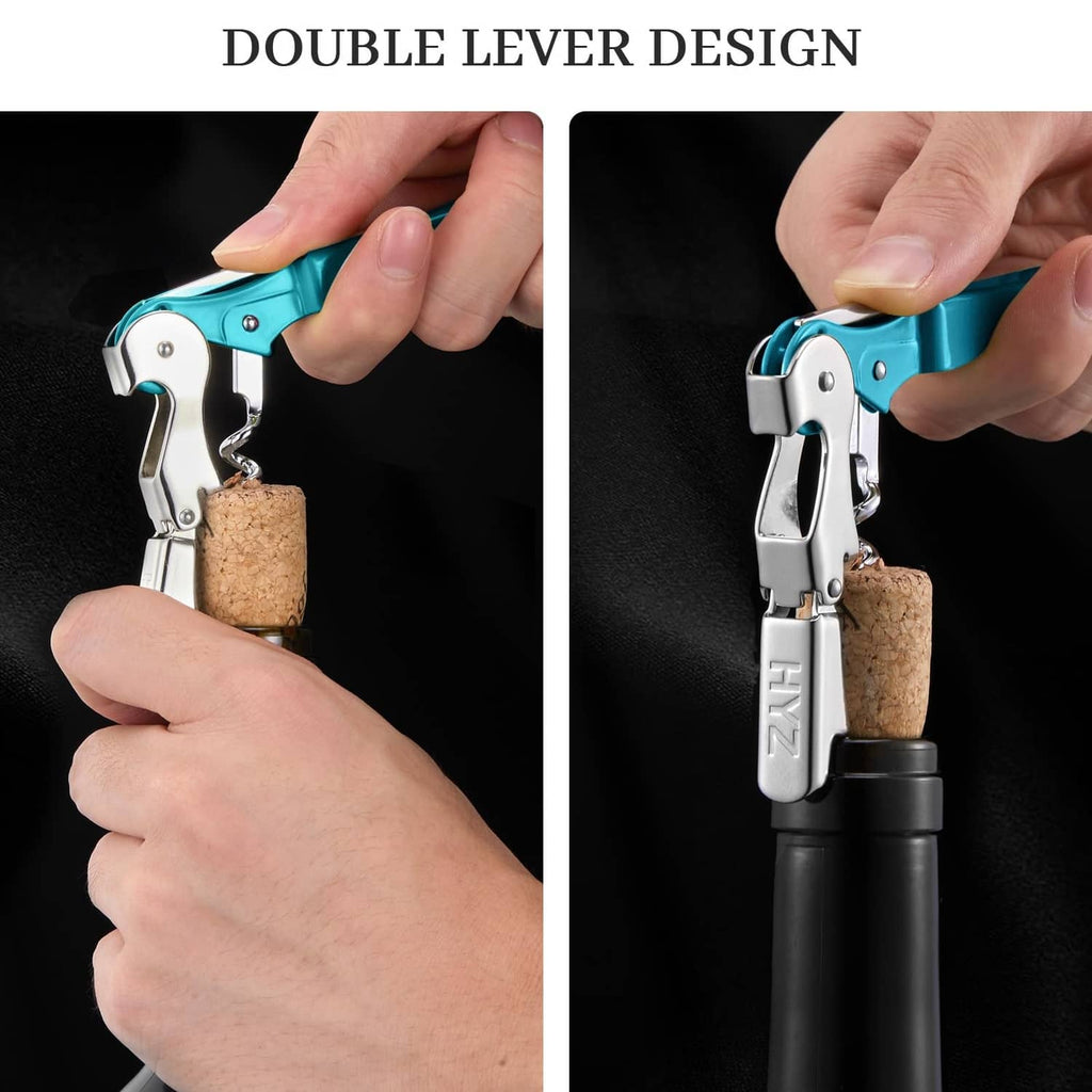 Blue and silver waiter corkscrew in hand, lever design with cork-pull spiral.