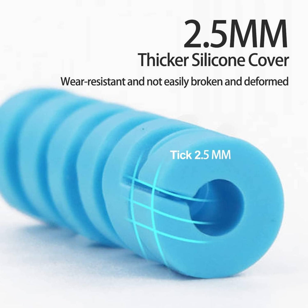 Blue silicone cable protector close-up, thicker spiral cover for wear resistance