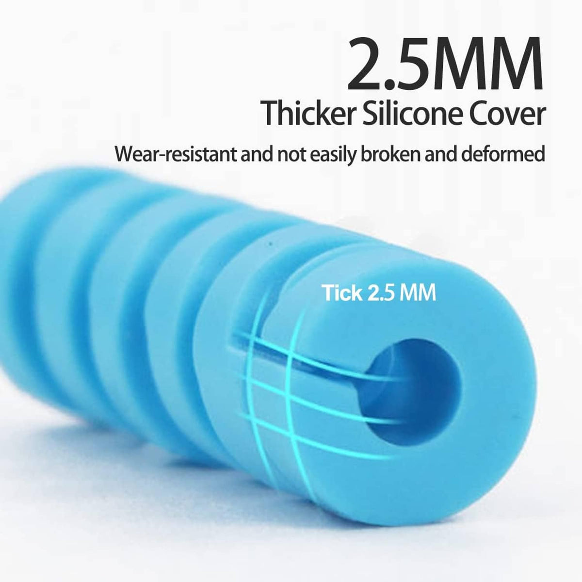 Blue silicone cable protector close-up, thicker spiral cover for wear resistance