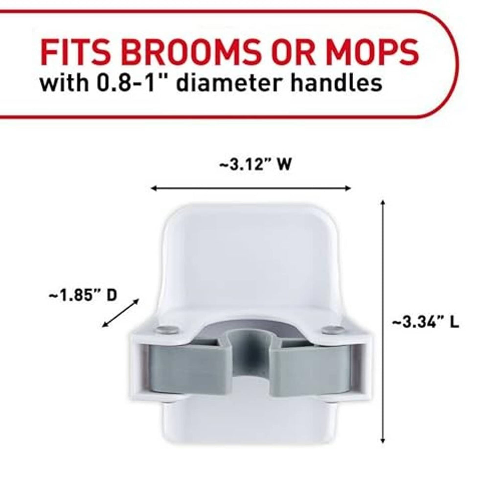 Broom gripper dimensions diagram: white holder with gray handle clips