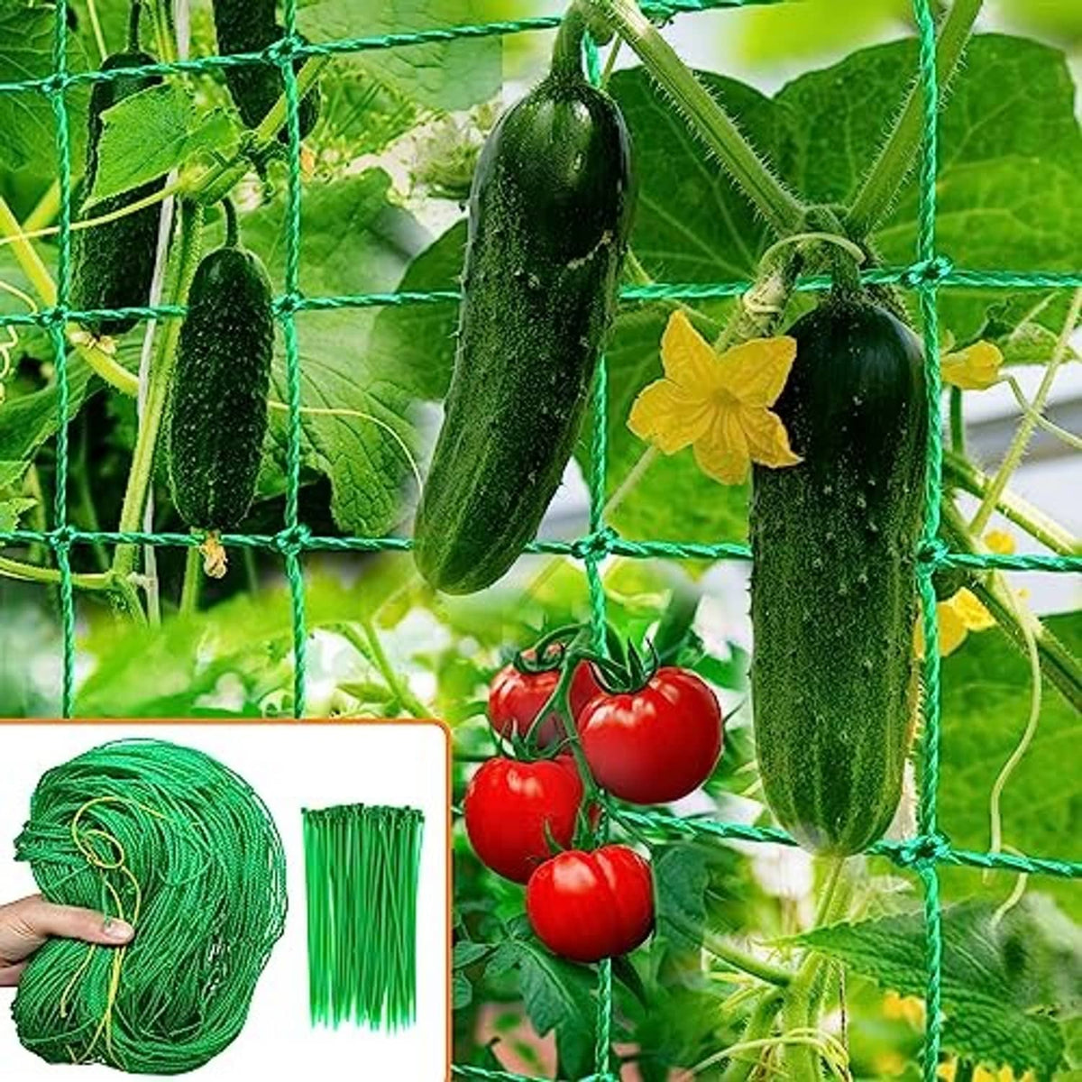 Green trellis netting square grid with cucumbers and tomatoes for plant support