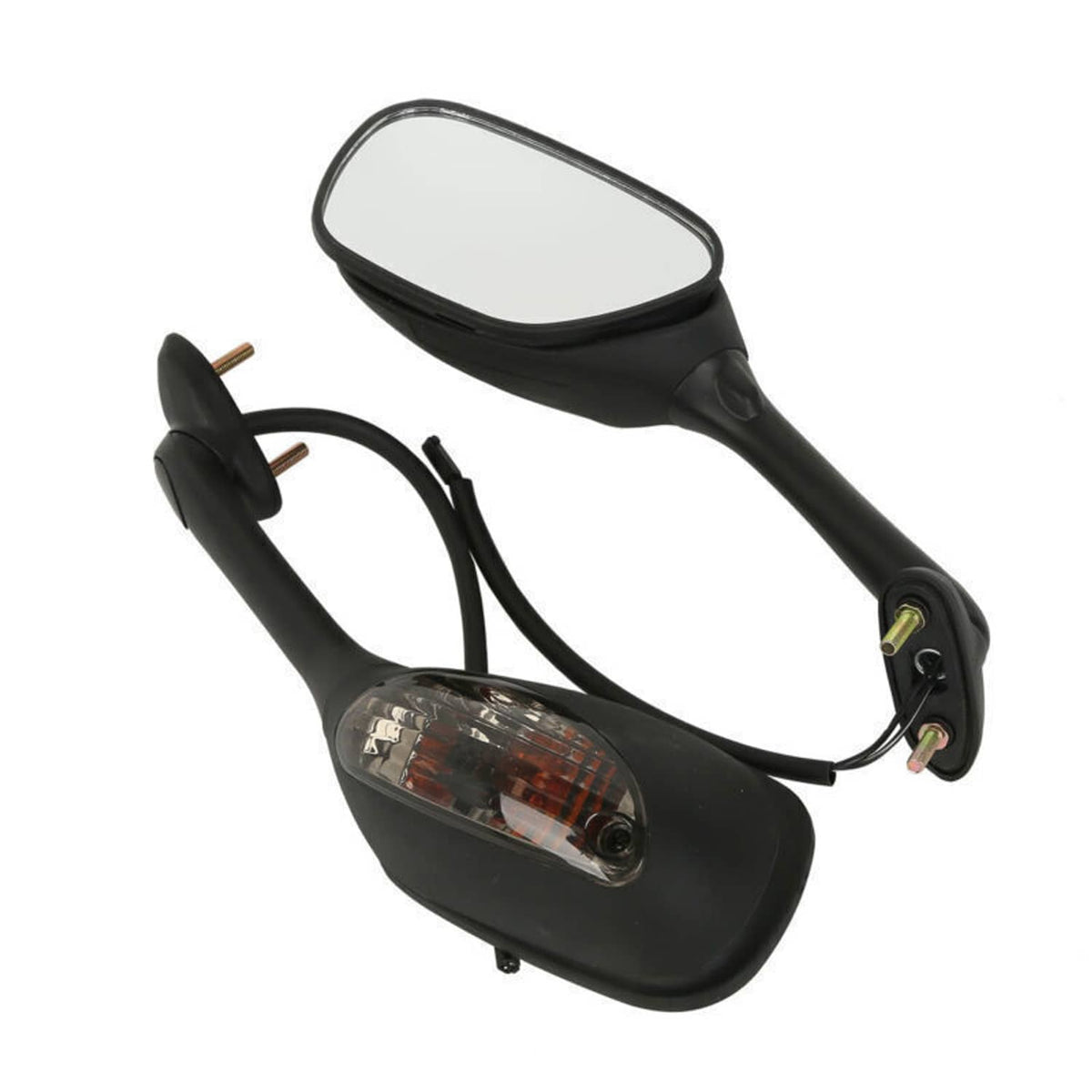 Pair of black motorcycle rearview mirrors with clear-and-amber turn signal lenses and wiring