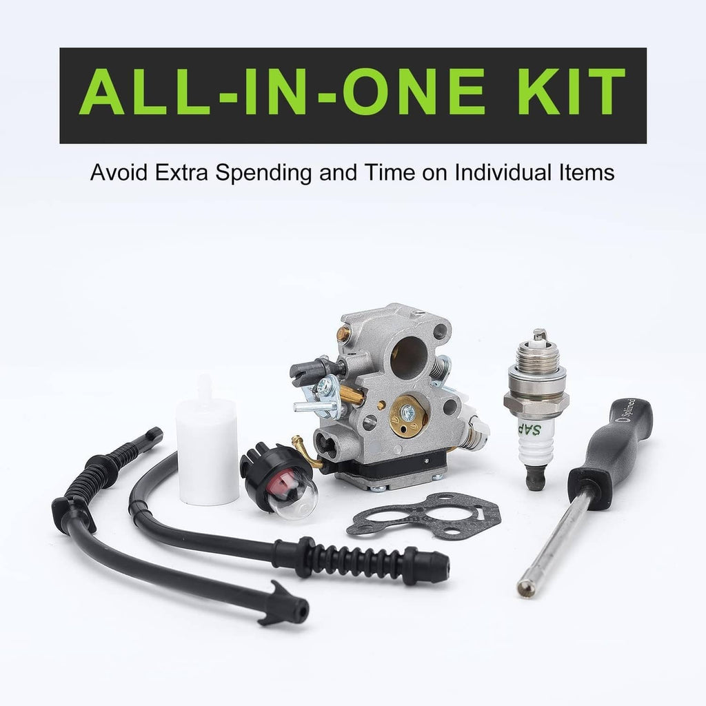 Carburetor kit all-in-one set: silver carburetor, bulb, spark plug, hoses, and gasket
