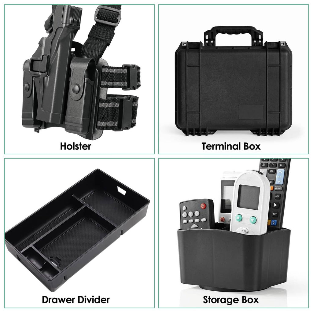 Black plastic organizer accessories: holster, terminal box, drawer divider, storage box