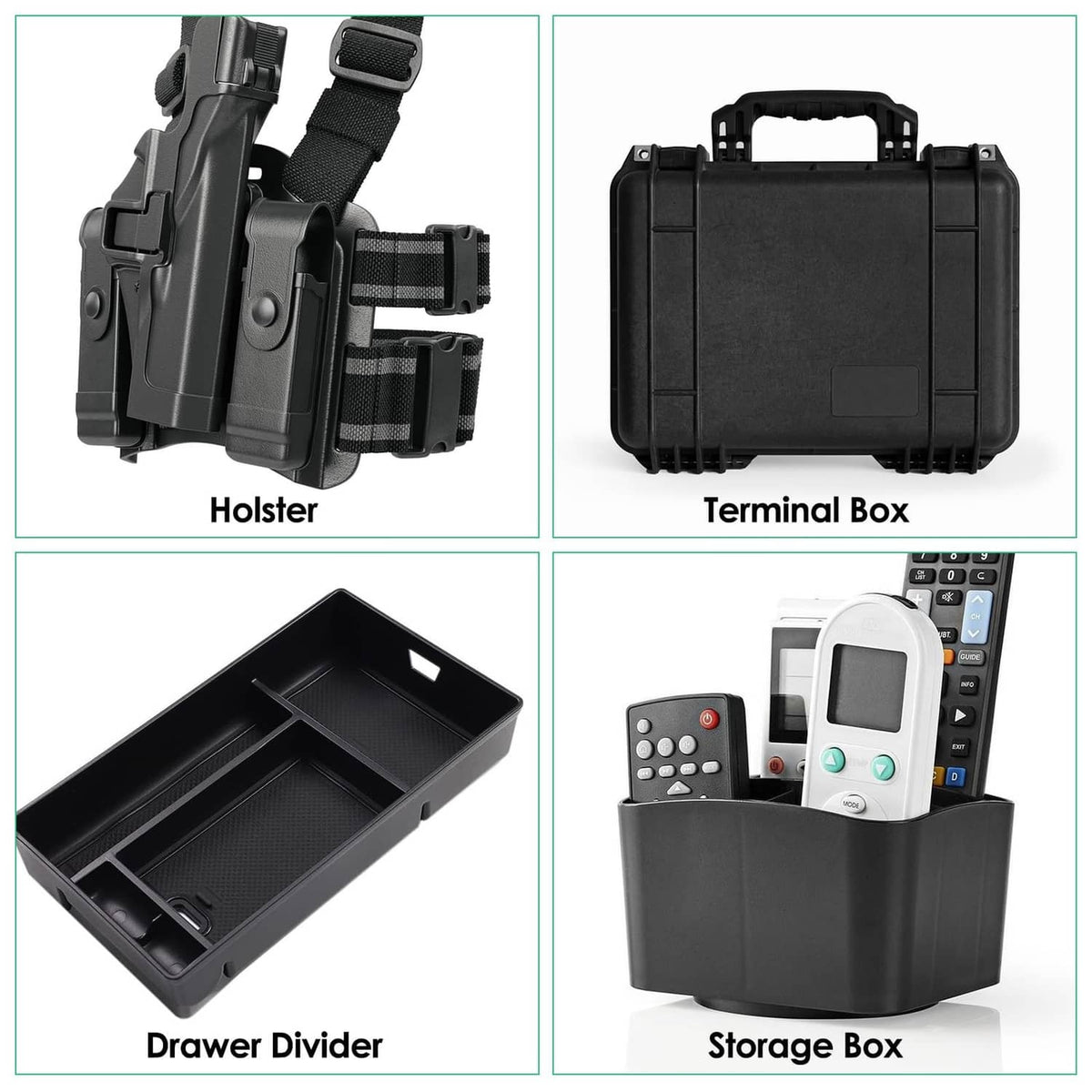 Black plastic organizer accessories: holster, terminal box, drawer divider, storage box