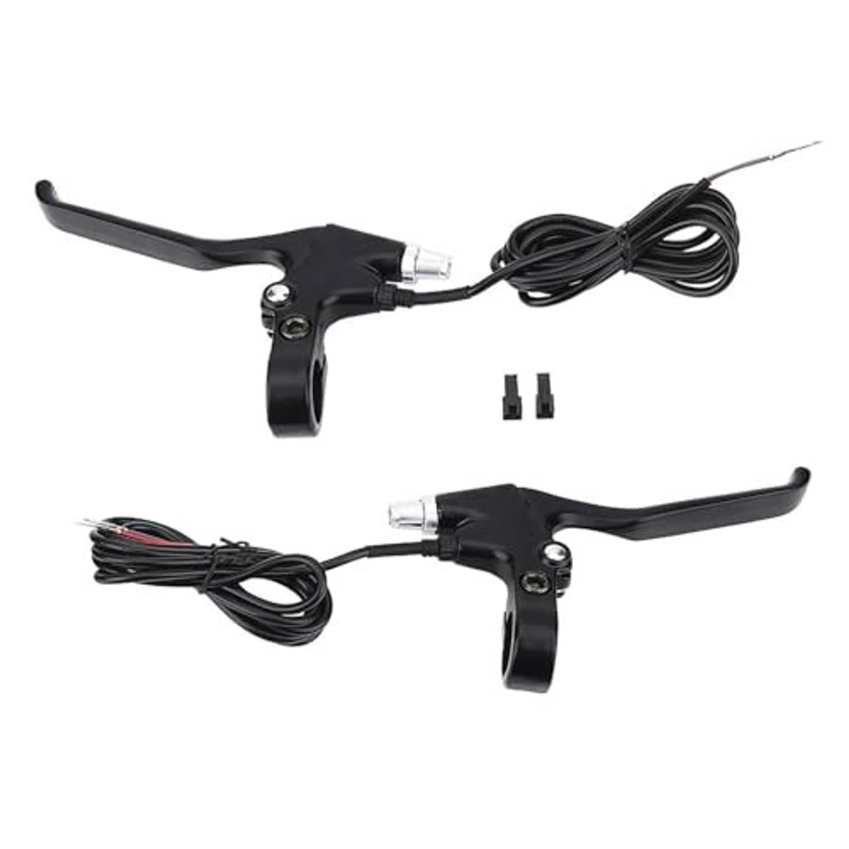 Black dual e-bike brake lever set with attached cables and silver connector ends