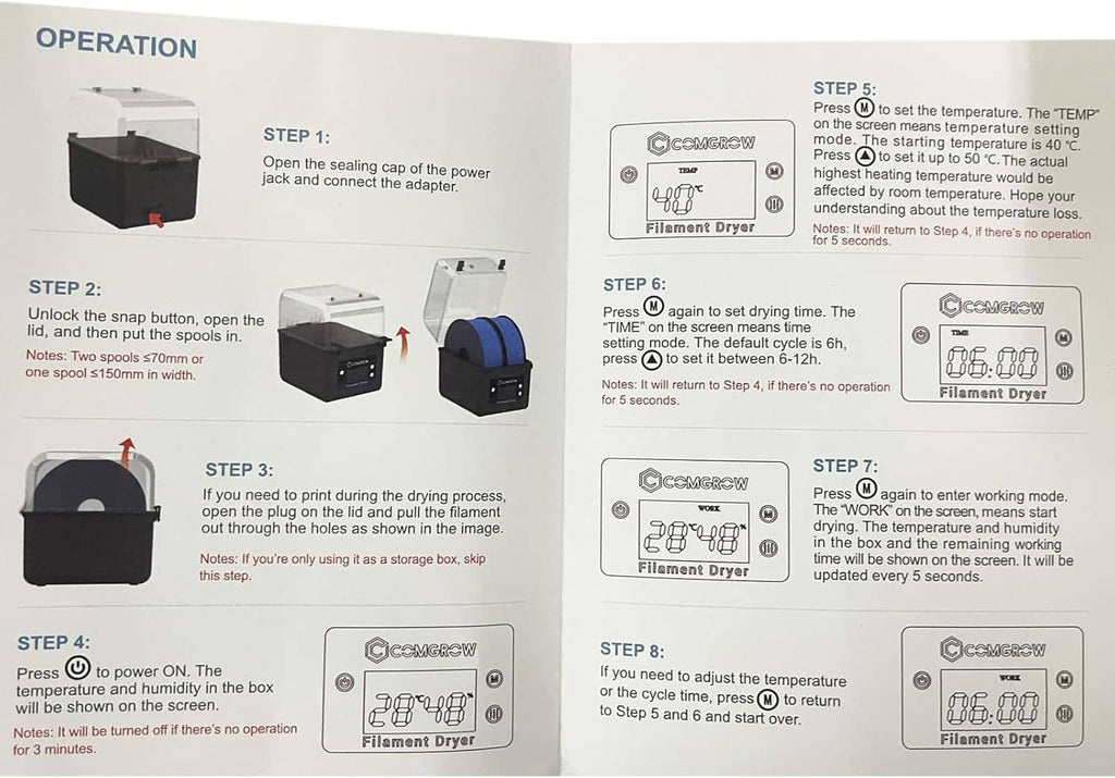 Filament dryer box operation guide pages showing step-by-step device use