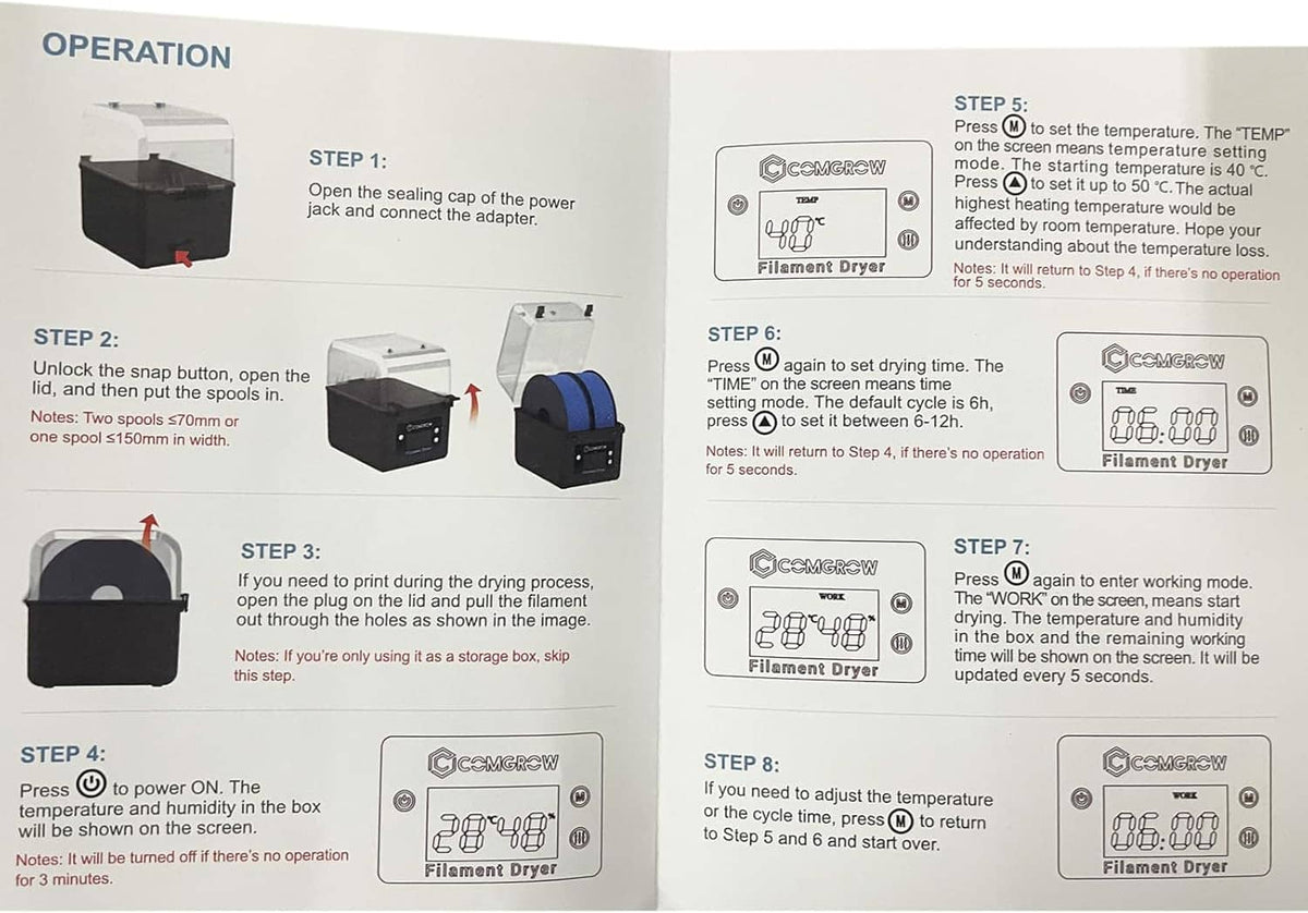 Filament dryer box operation guide pages showing step-by-step device use