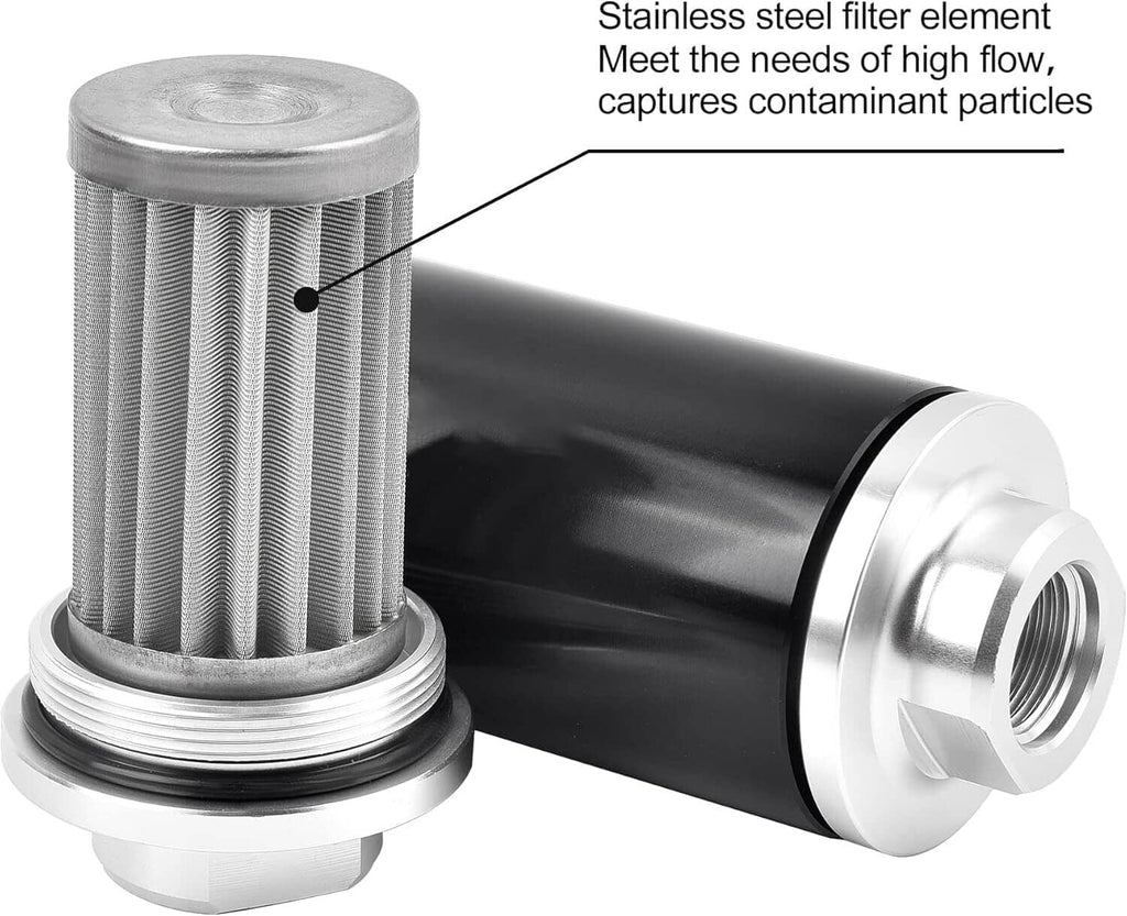 Inline fuel filter with stainless steel mesh element, black canister, and silver ports