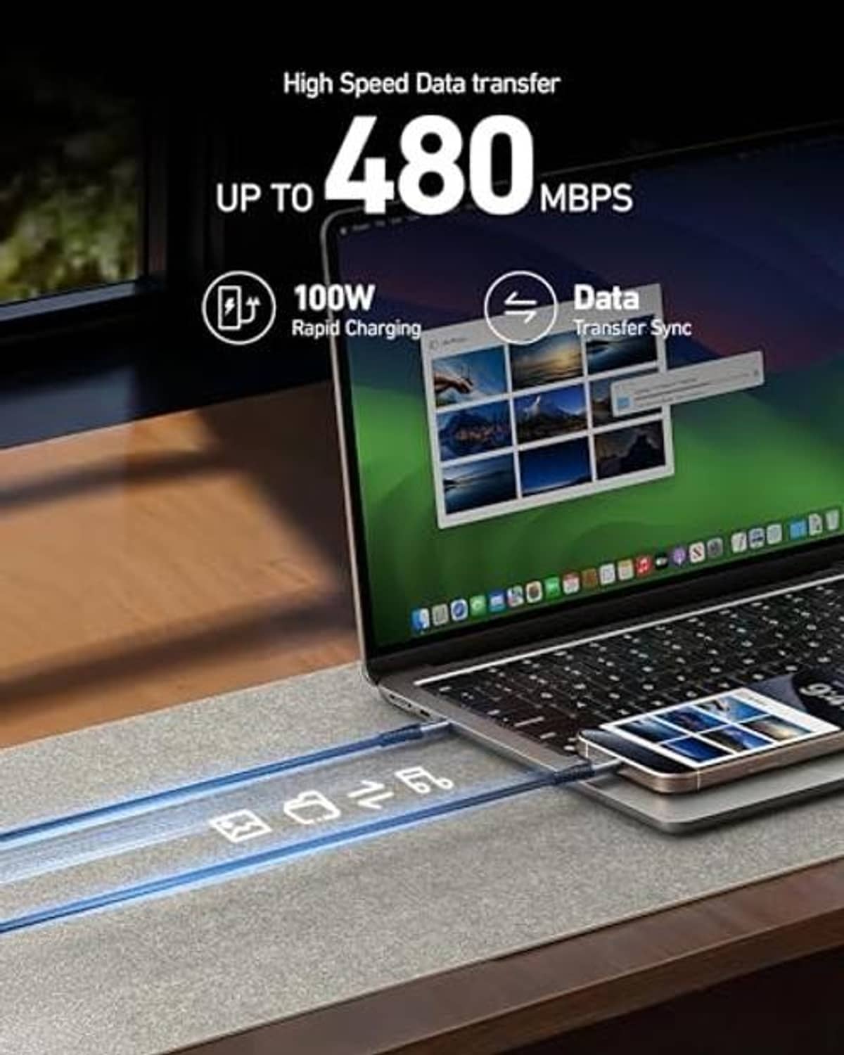 Black braided USB-C to USB-C cable with USB-C connectors, up to 480 Mbps shown