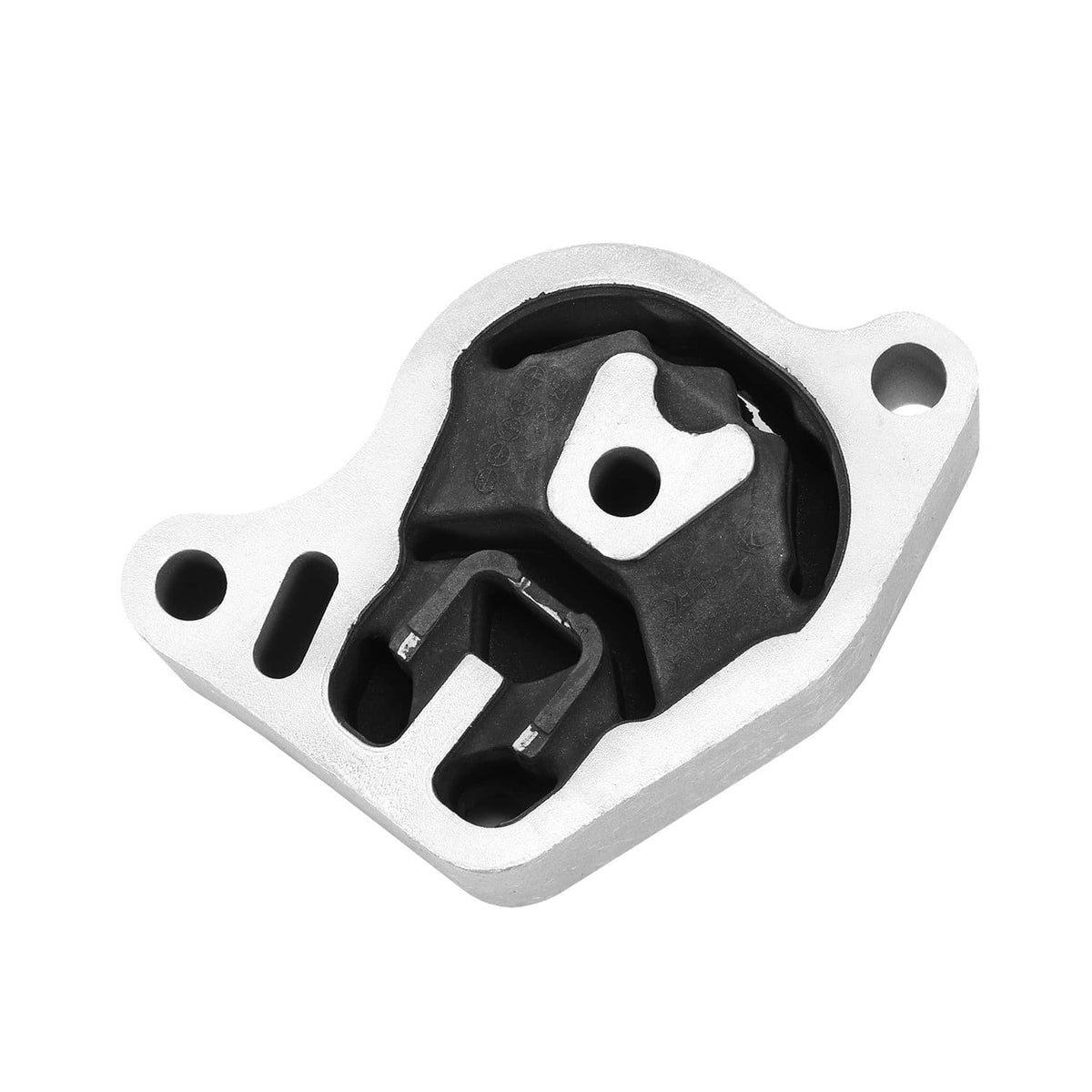 Engine mount bracket with black bushing insert and silver mounting housing