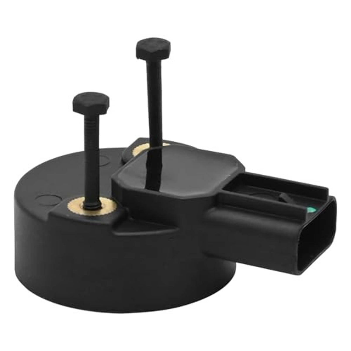 Black camshaft position sensor with two mounting posts, top cover, and side connector