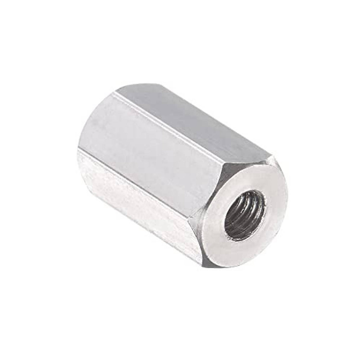Stainless steel M3 hex coupling, polished finish, side view of threaded bore