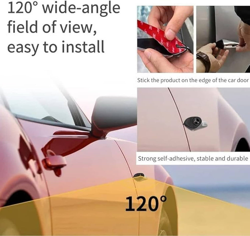 Car blind spot camera display kit, hand installing adhesive side camera on car body.