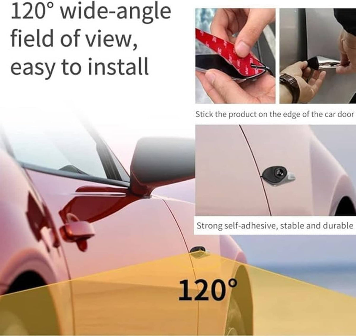 Car blind spot camera display kit, hand installing adhesive side camera on car body.