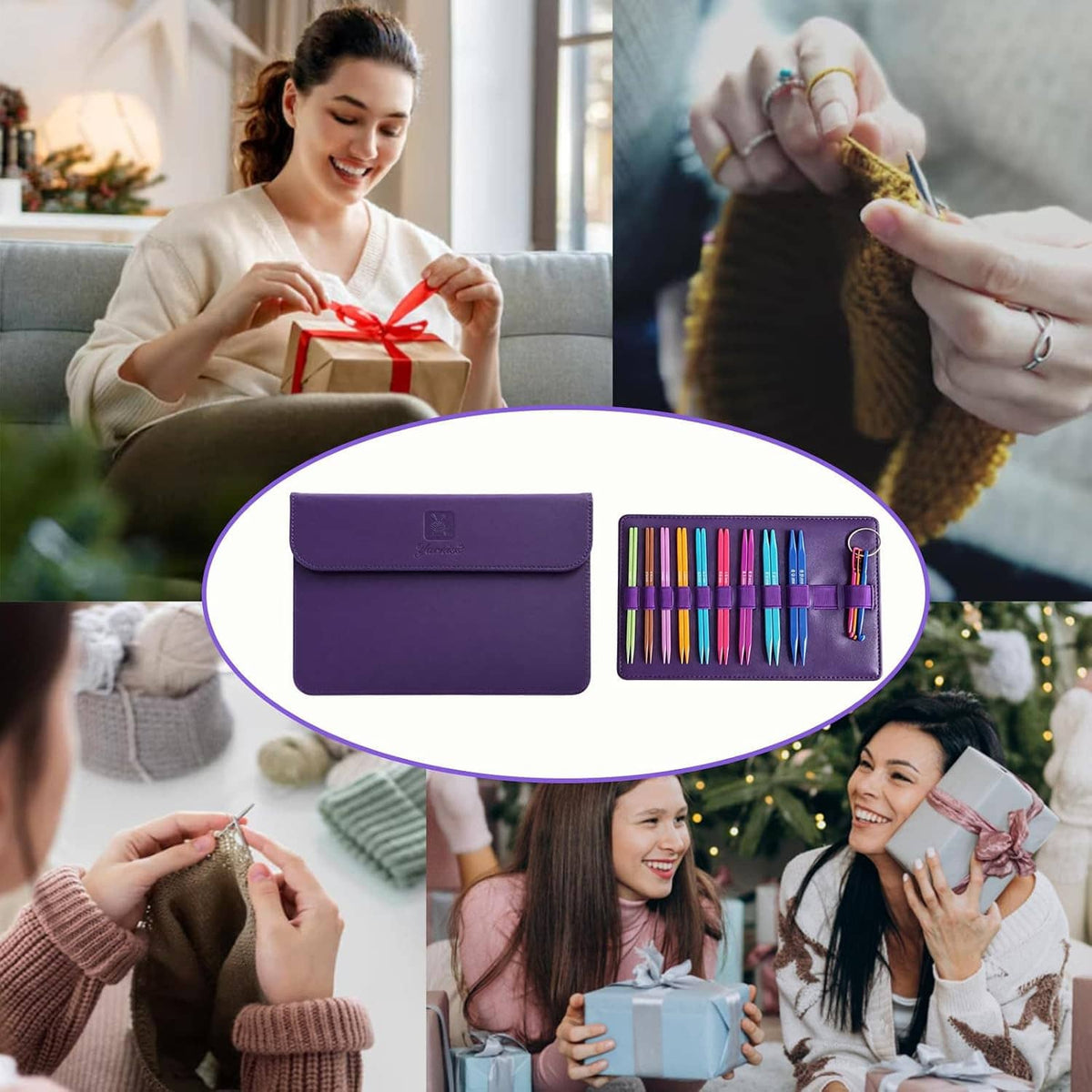 Purple knitting needle storage bag with colorful square needles inside
