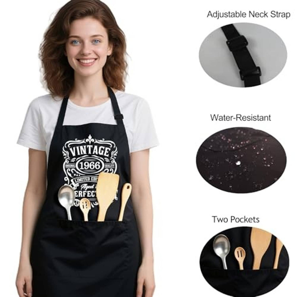 Black water-resistant apron with adjustable neck strap and two front pockets.