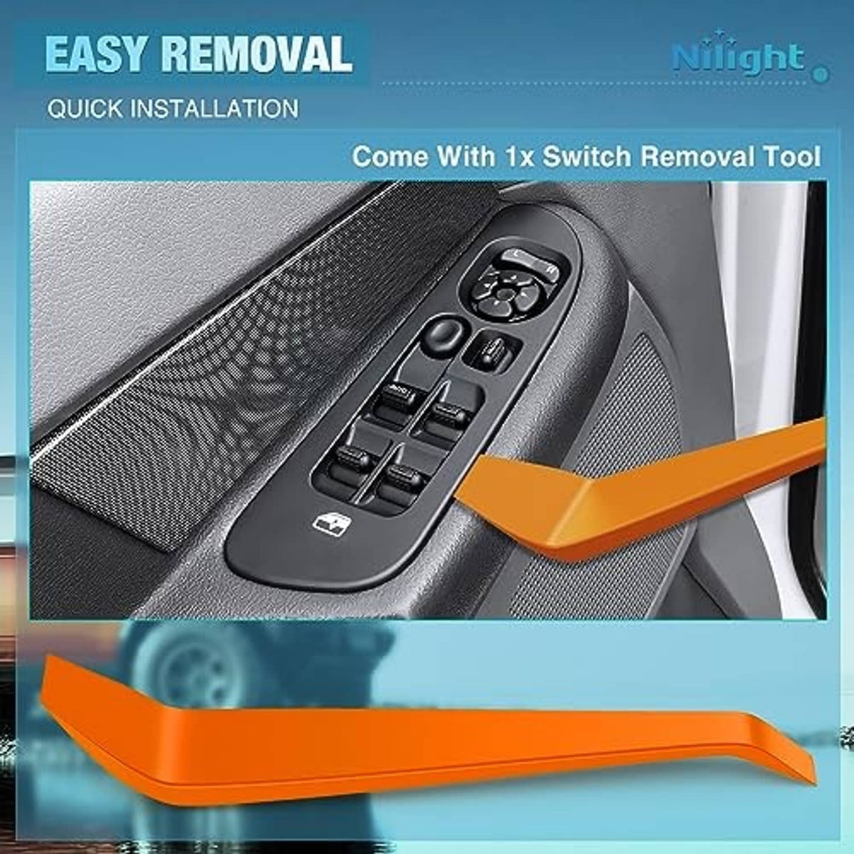 Black power window switch with removal tool and orange pry piece for installation