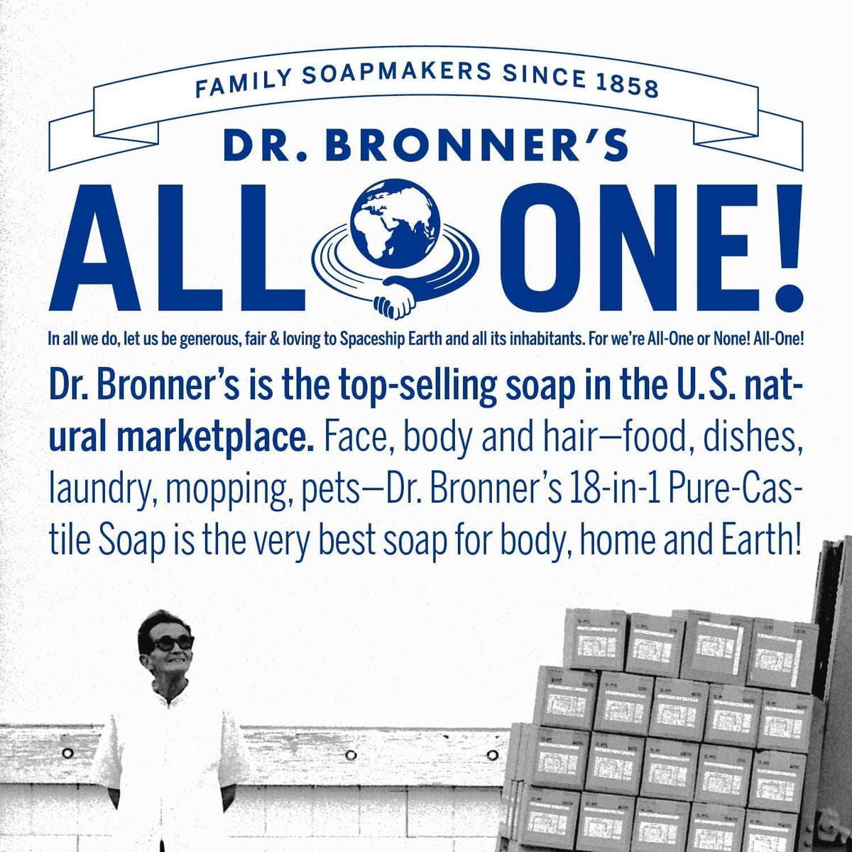 Dr. Bronner's ALL ONE! soap box display panel with soap stack