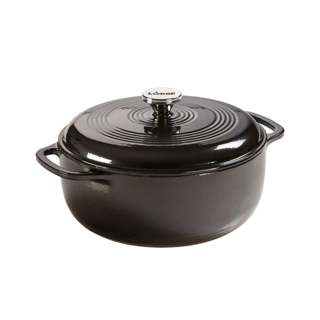 Dark enamel cast iron Dutch oven with lid, black knob, and loop side handles