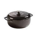 Dark enamel cast iron Dutch oven with lid, black knob, and loop side handles