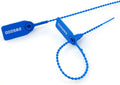 Blue plastic tamper seal with looped zip tie, numbered tag design for security locking.