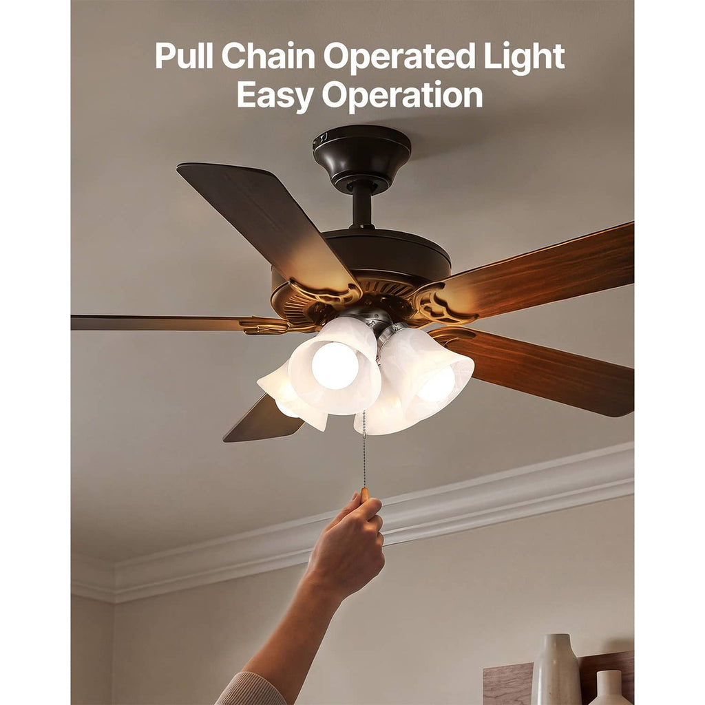 Ceiling fan pull-chain operated light kit with four white shades