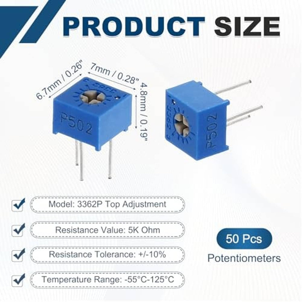 Two blue multiturn trimmer potentiometers, top adjustment screw, three metal pin leads