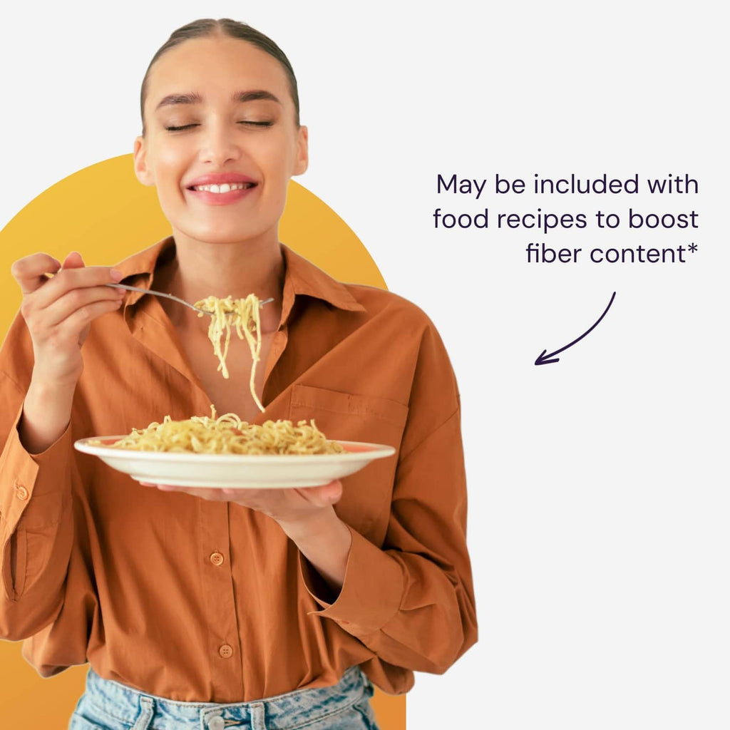 Dietary fiber supplement claim graphic with woman holding noodles and fork