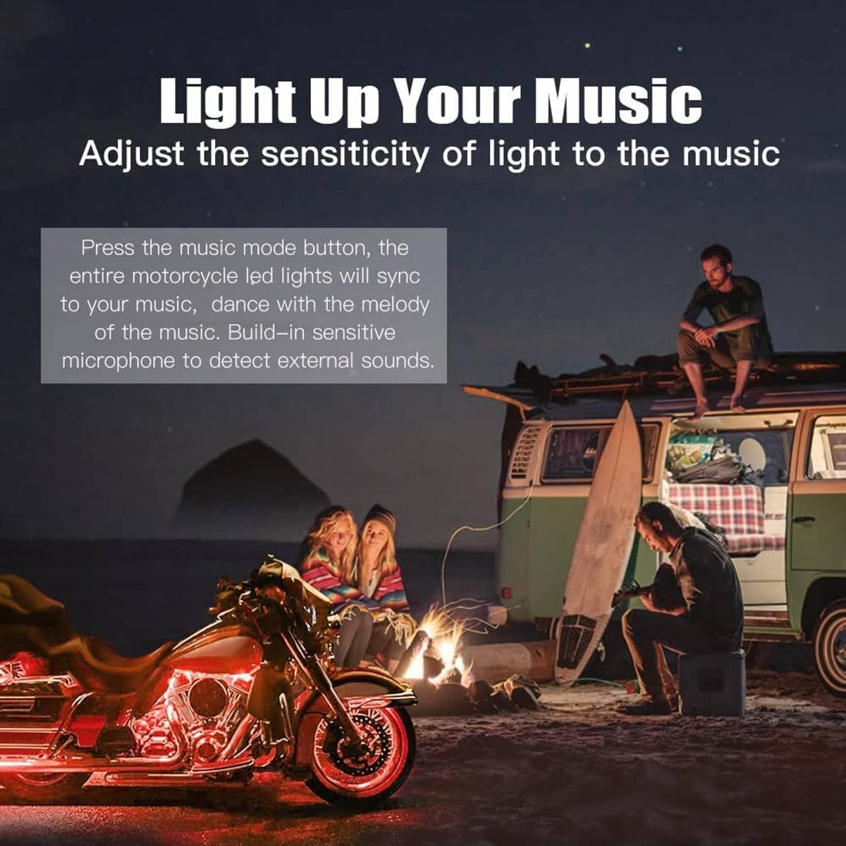 Motorcycle with red RGB LED lighting and music-reactive light effect.