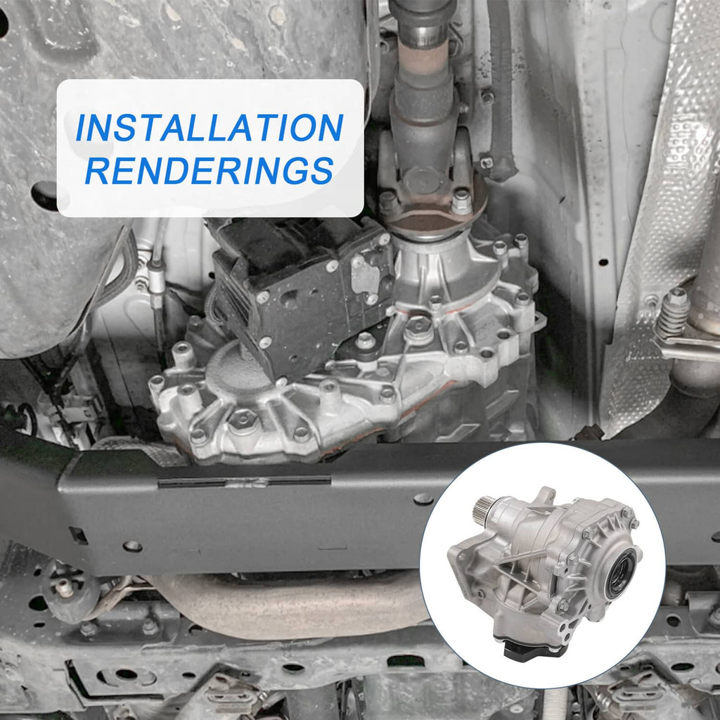 Transfer case installed in vehicle drivetrain, close-up undercar view