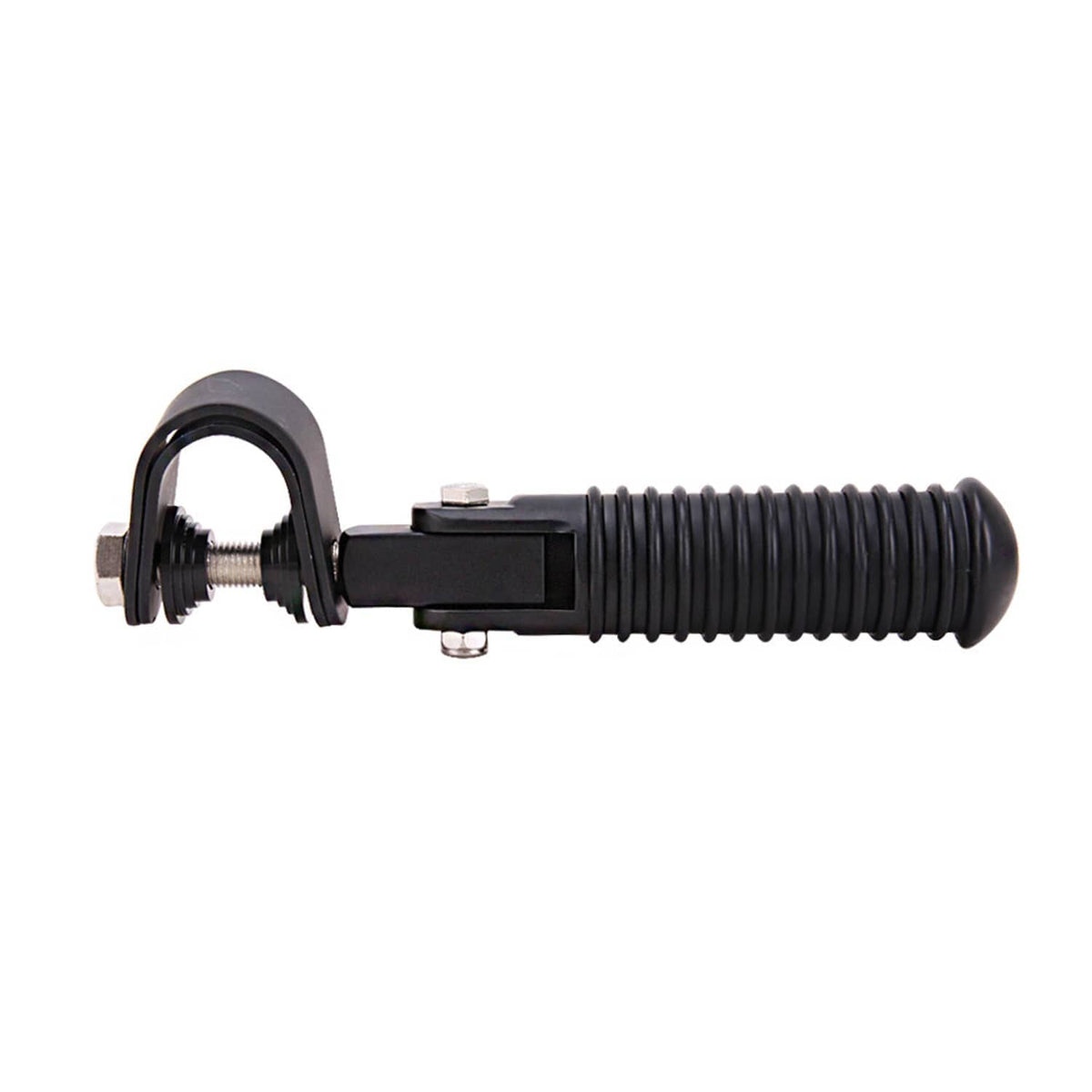 Black motorcycle foot peg with ribbed rubber grip and threaded clamp