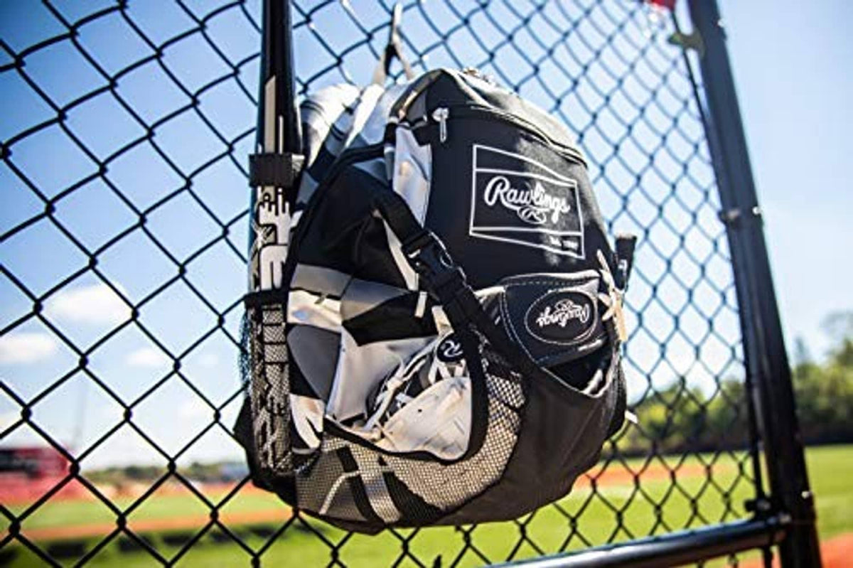 Rawlings remix youth baseball backpack, black and white striped, front zip pocket