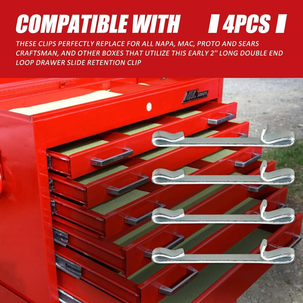 Drawer slide retaining keeper clips installed on tool box drawer rails