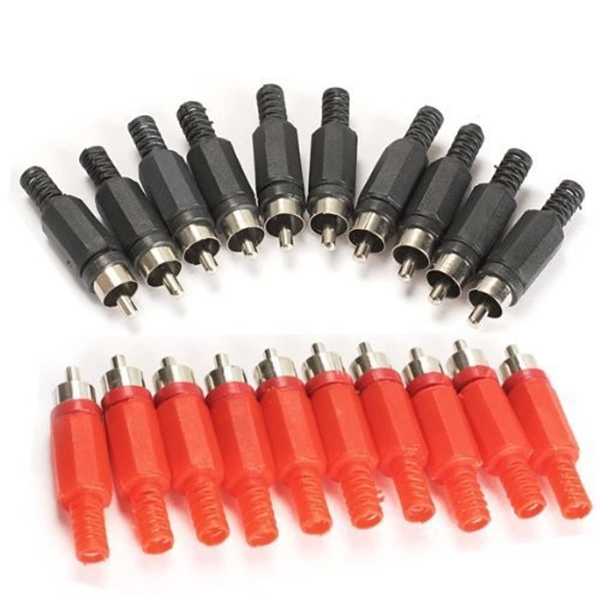 RCA male plug adapters set, black housings and red RCA ends, angled view