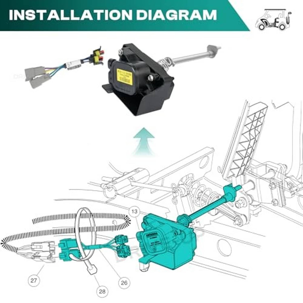 Throttle potentiometer installation diagram with wiring harness and mounting bracket.