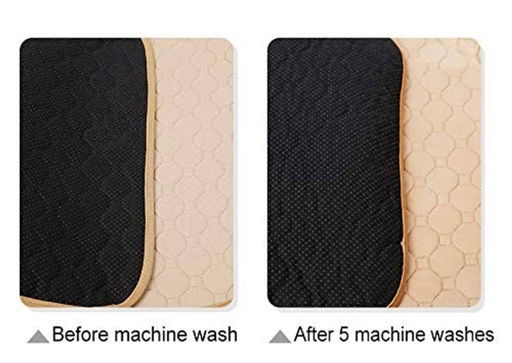 Washable waterproof guinea pig cage liner pad before and after machine washing, dark and beige
